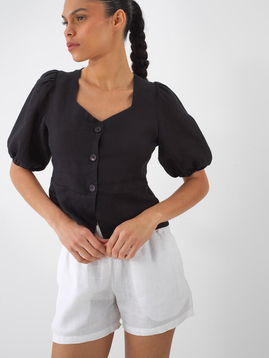 Siyah Regular Fit Keten Bluz