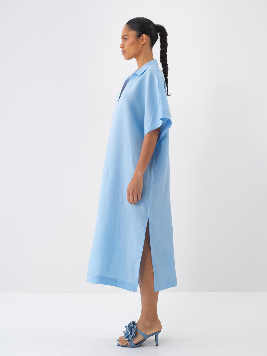 Mavi Oversize Keten Elbise - 4