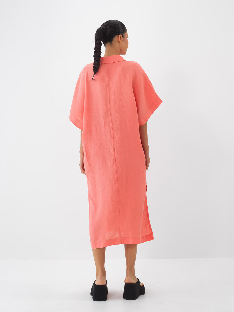 Nar Çiçeği Oversize Keten Elbise - 4