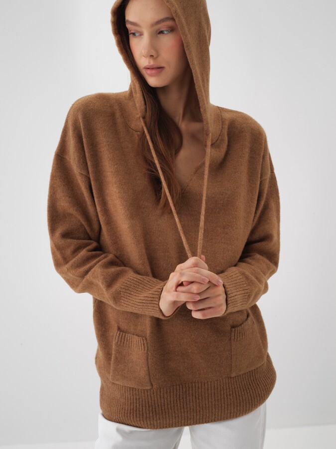 Mohair Kapüşonlu Kazak CAMEL