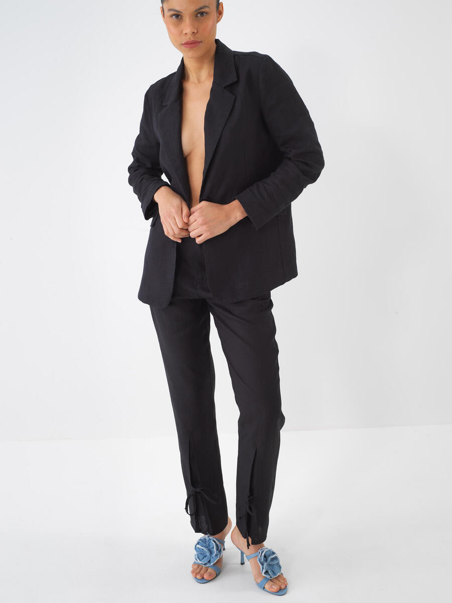 Siyah Regular Fit Keten Pantolon - 2