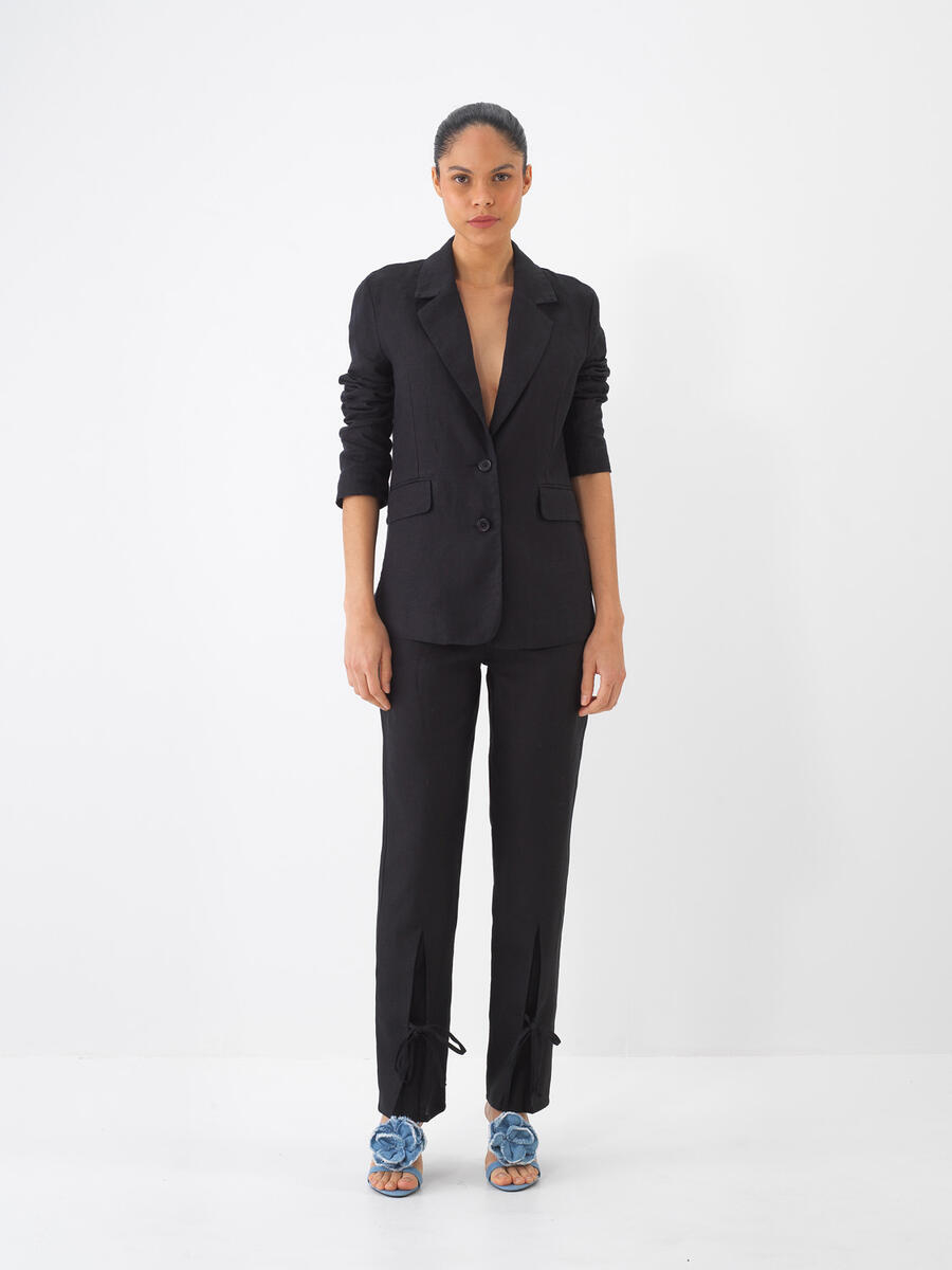 Siyah Regular Fit Keten Pantolon