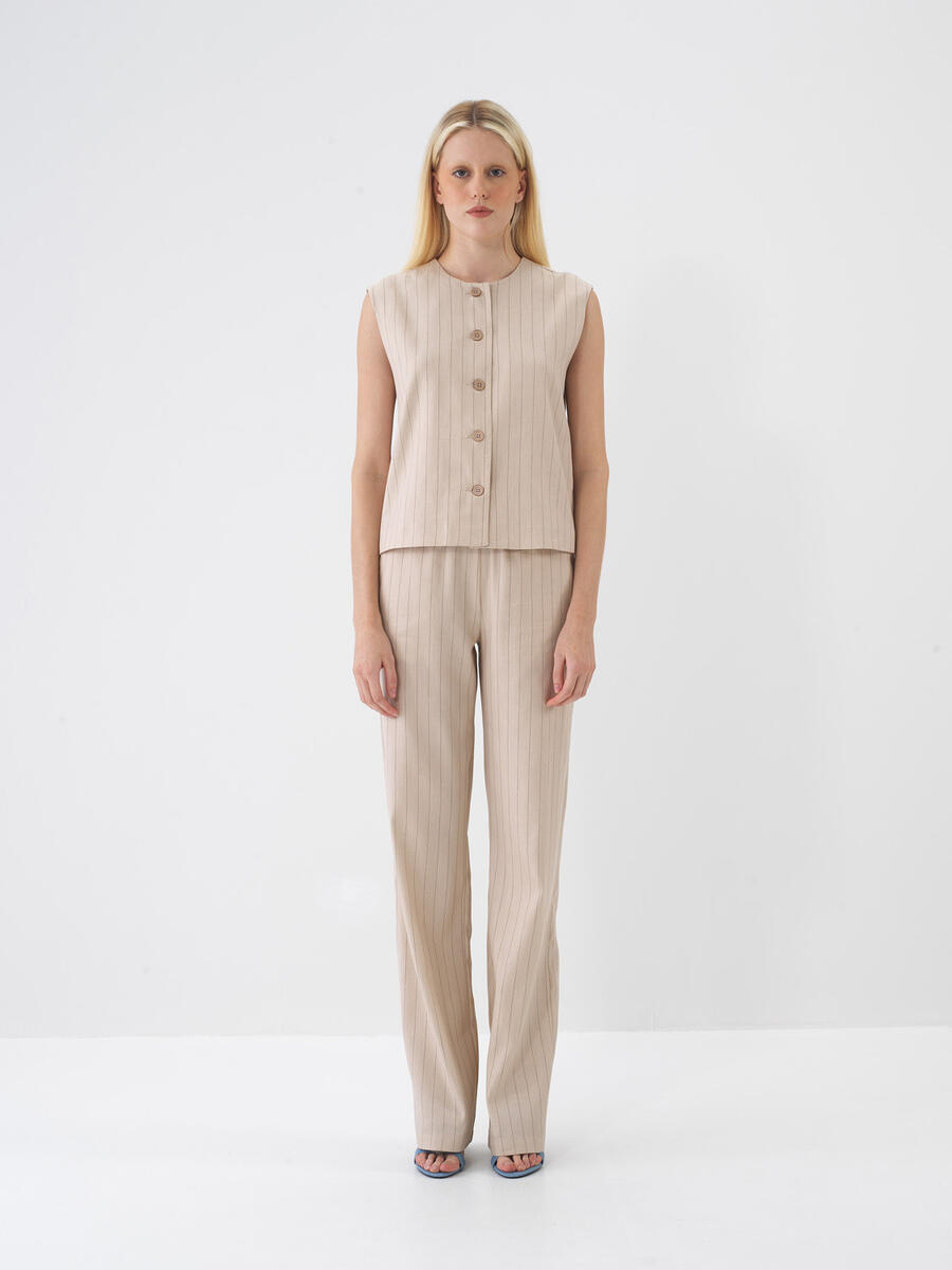 Taş Rengi Oversize Keten Pantolon