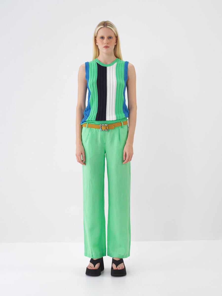 Yeşil Regular Fit Keten Pantolon - 2