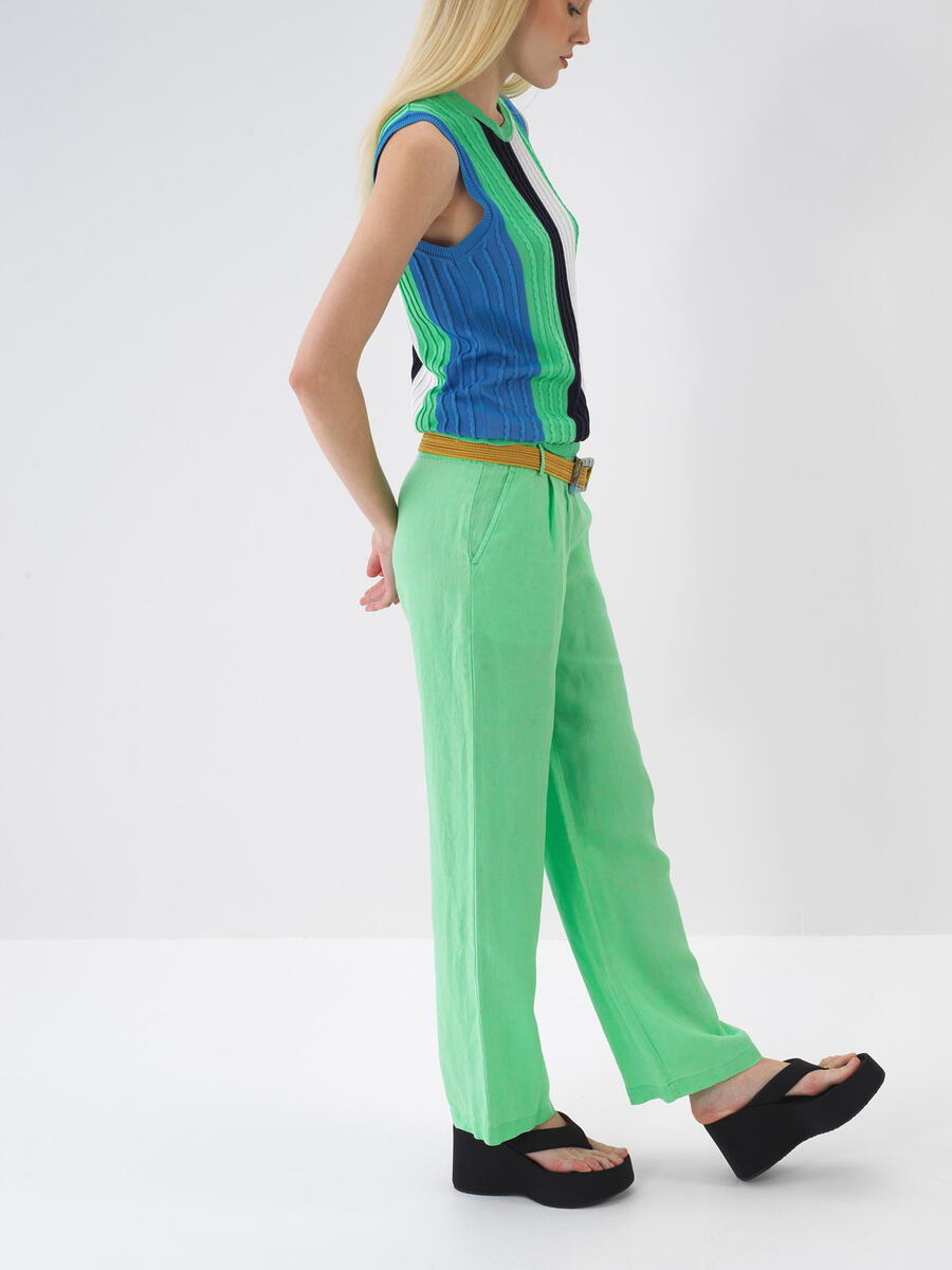 Yeşil Regular Fit Keten Pantolon