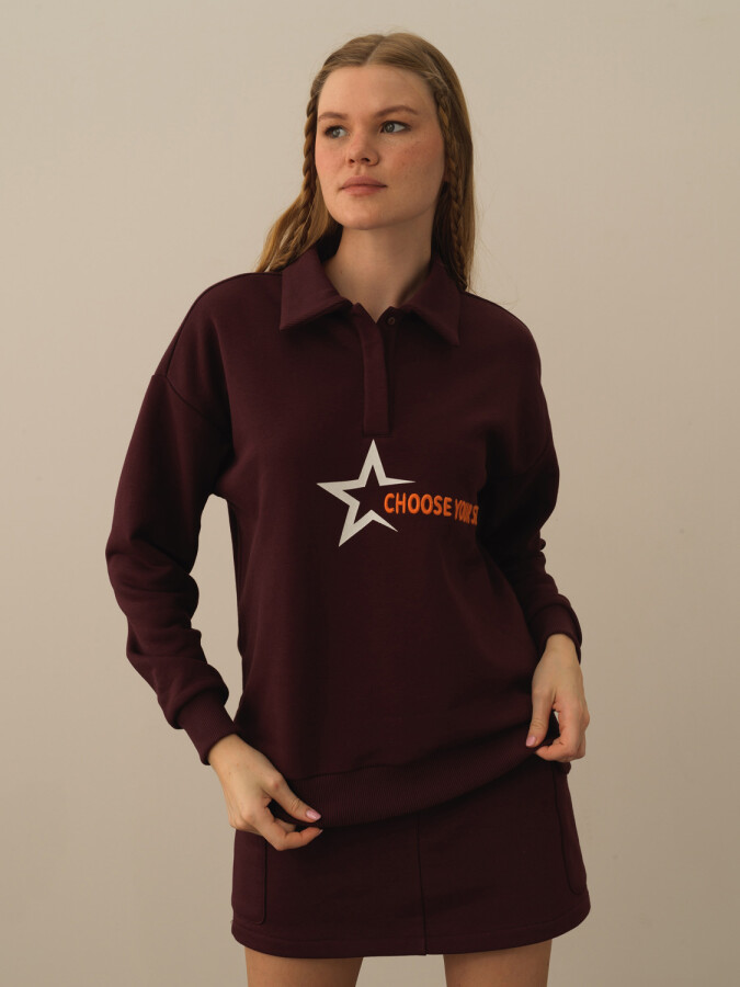 Pamuklu Oversize Baskılı Sweatshirt BORDO