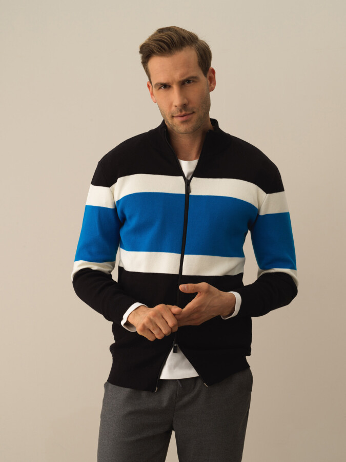 100% Cotton Regular Fit Striped Cardigan Black