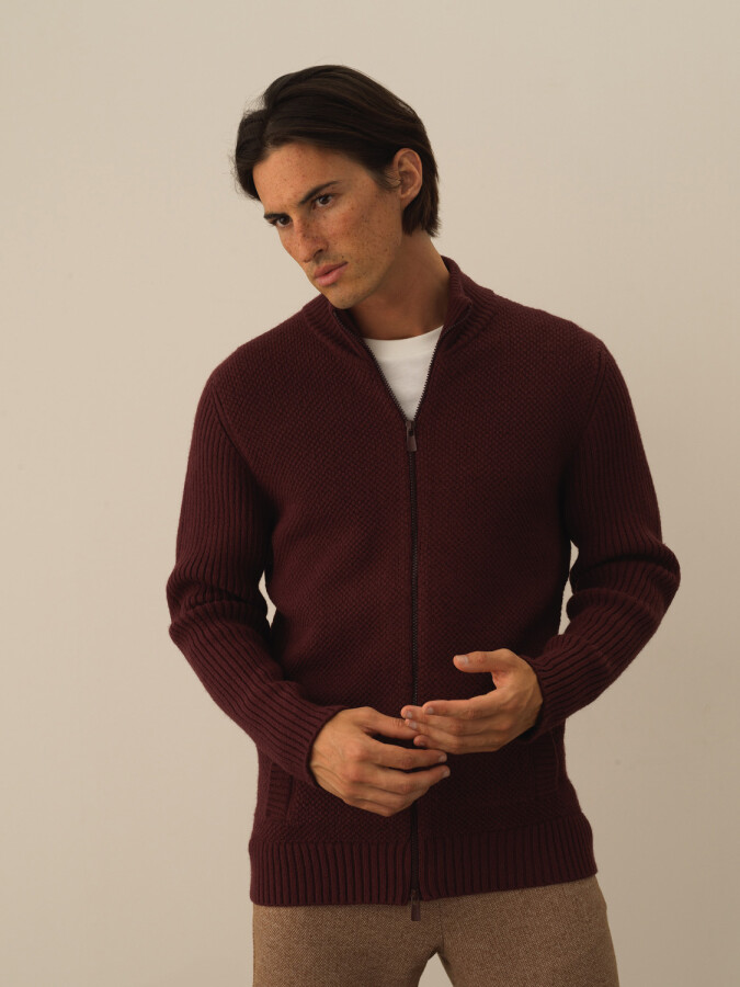 Regular Fit Wool Cardigan Burgundy