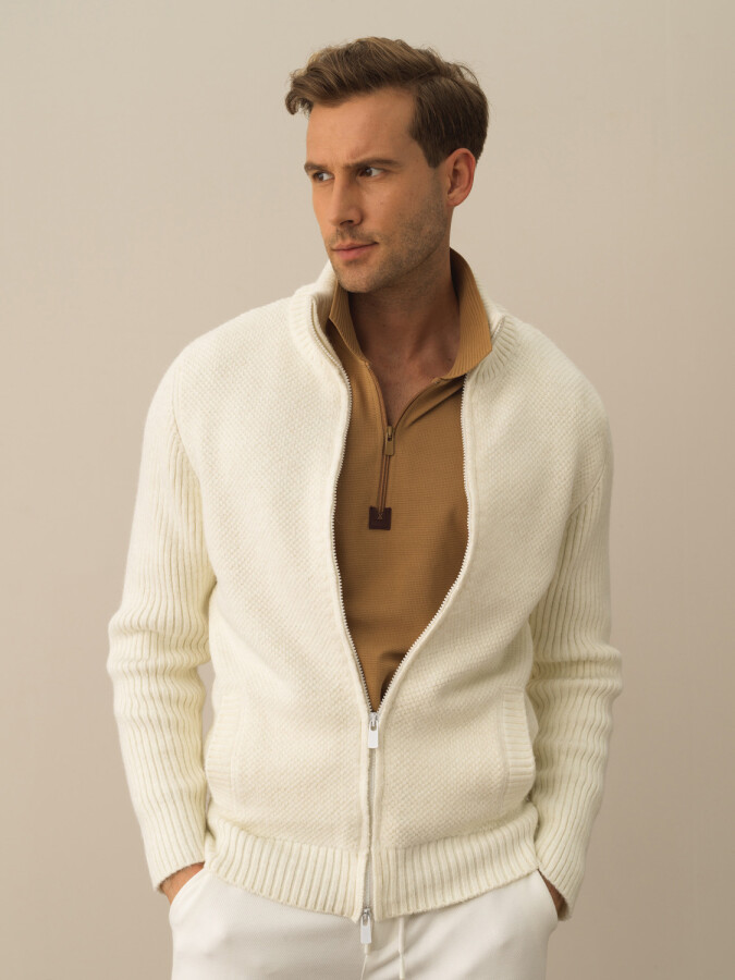 Regular Fit Wool Cardigan Ecru