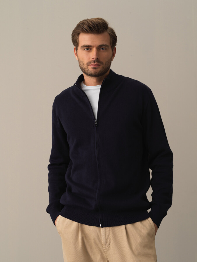 Stand Collar Zippered Basic Cardigan Navy Blue Melange