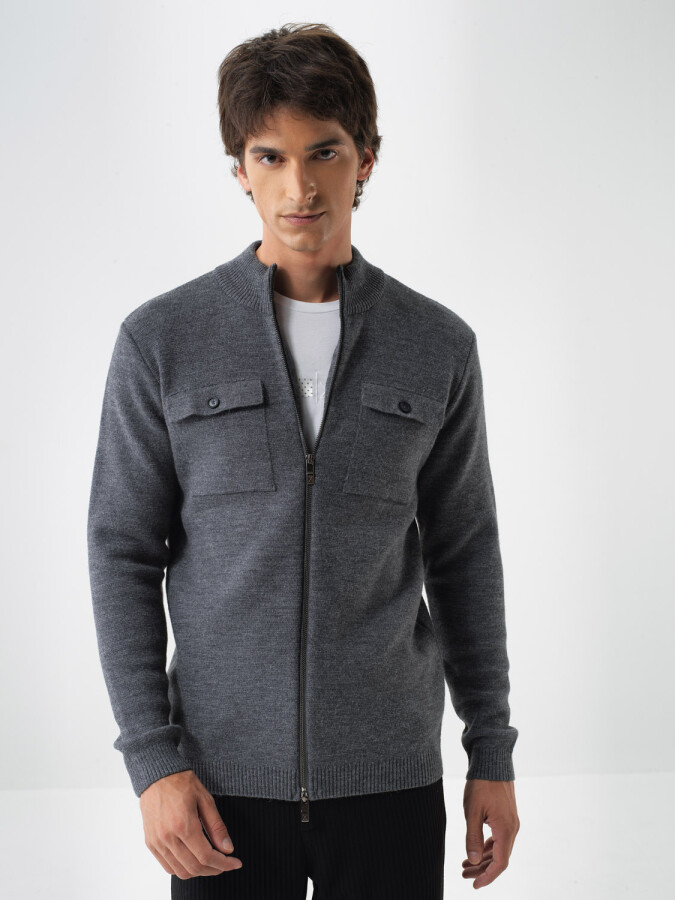 Wool Plain Cardigan Anthracite