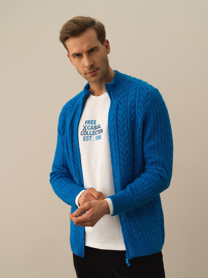 Zippered Regular Fit Knit Cardigan Blue