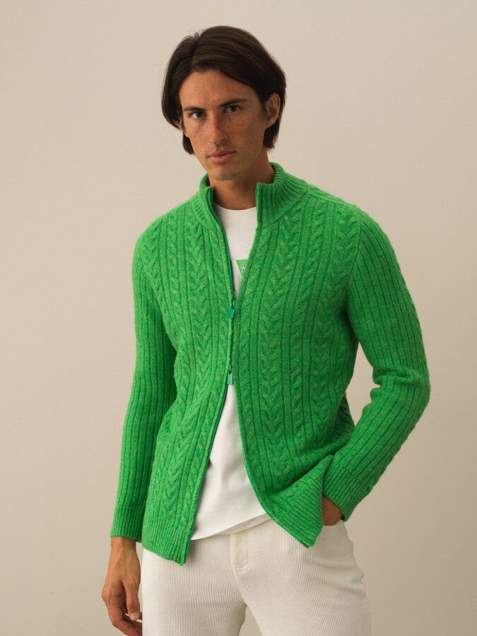 Zippered Regular Fit Knit Cardigan Green