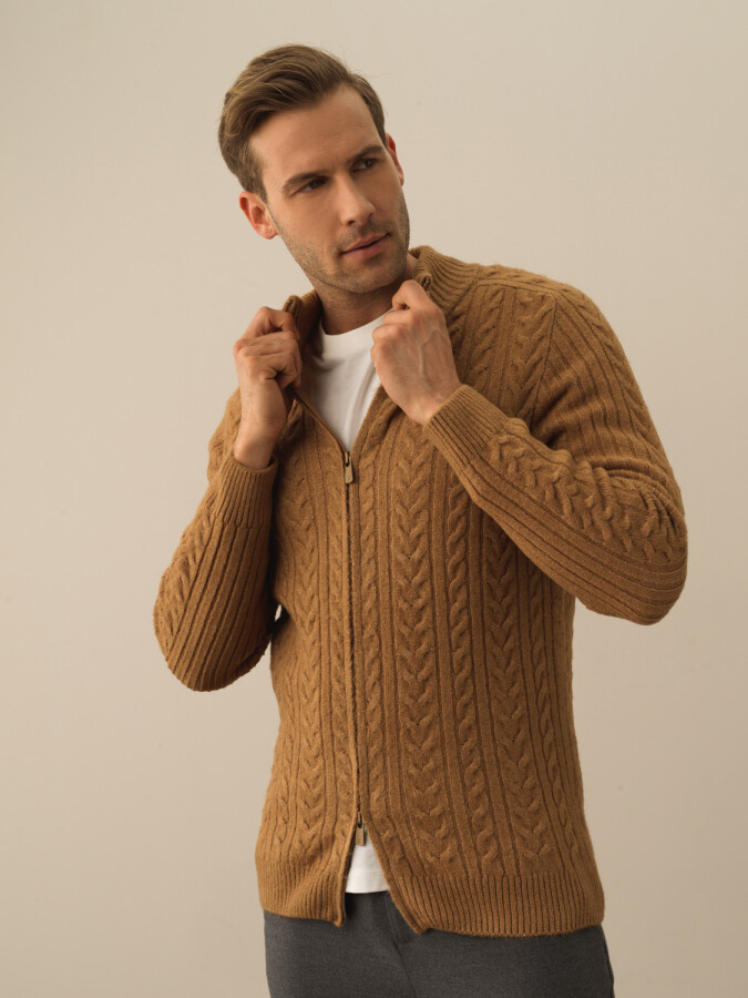 Zippered Regular Fit Knit Cardigan Camel