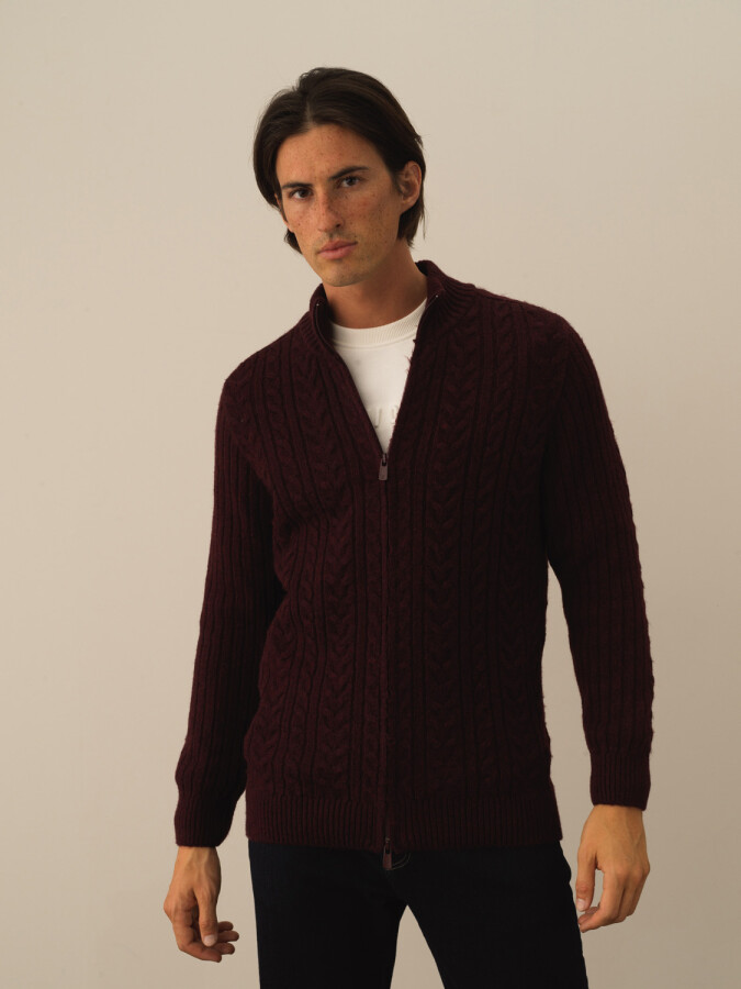 Zippered Regular Fit Knit Cardigan Burgundy