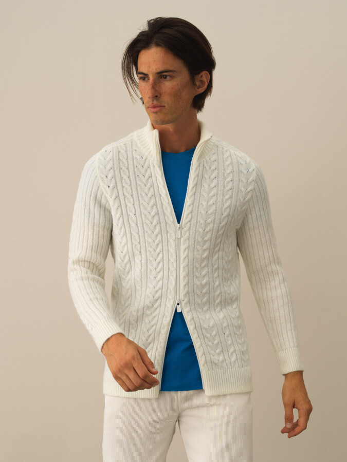 Zippered Regular Fit Knit Cardigan Ecru