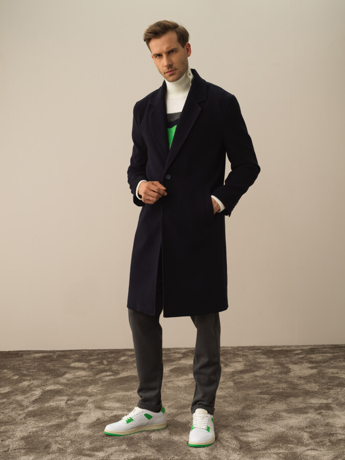 Regular Fit Overcoat Navy Blue Melange