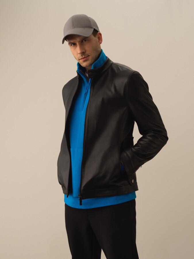 Stand Collar Regular Fit Leather-Look Jacket - Xint