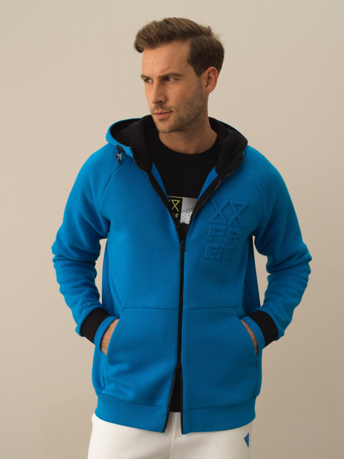 Cotton Regular Fit Hooded Sweat Jacket Blue