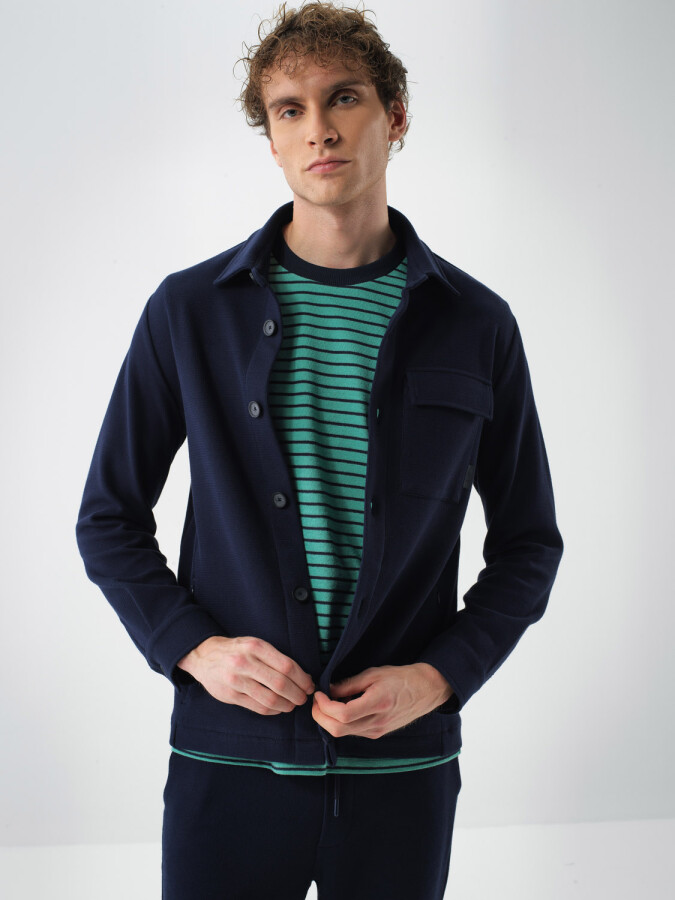 Cotton Shirt Jacket Navy Blue Melange