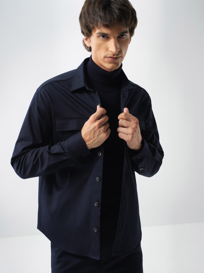 Cotton Shirt Jacket Navy Blue Melange