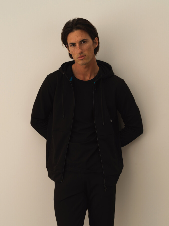 Cotton Slim Fit Hooded Sweat Jacket Black