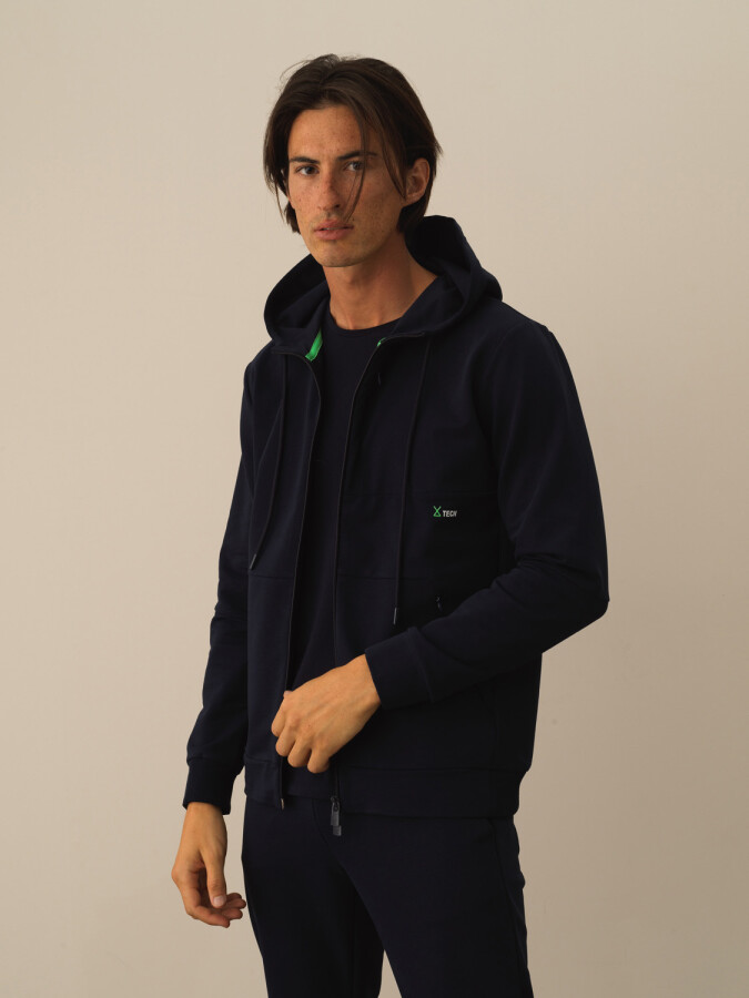 Cotton Slim Fit Hooded Sweat Jacket Navy Blue Melange