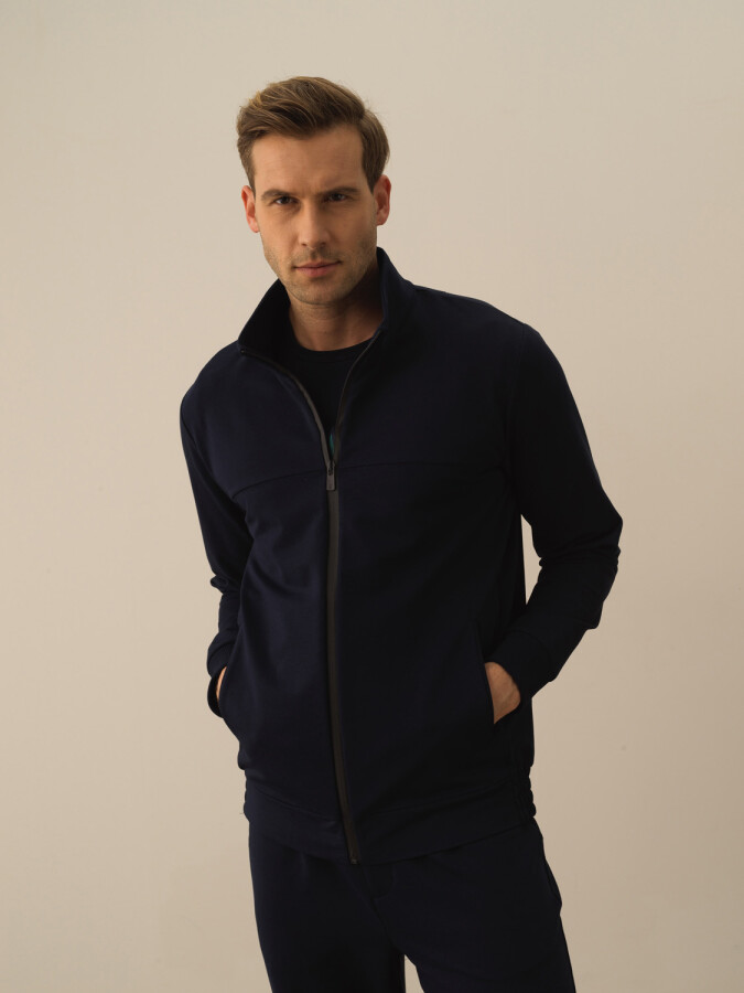 Cotton Slim Fit Zip-Up Sweat Jacket Navy Blue Melange