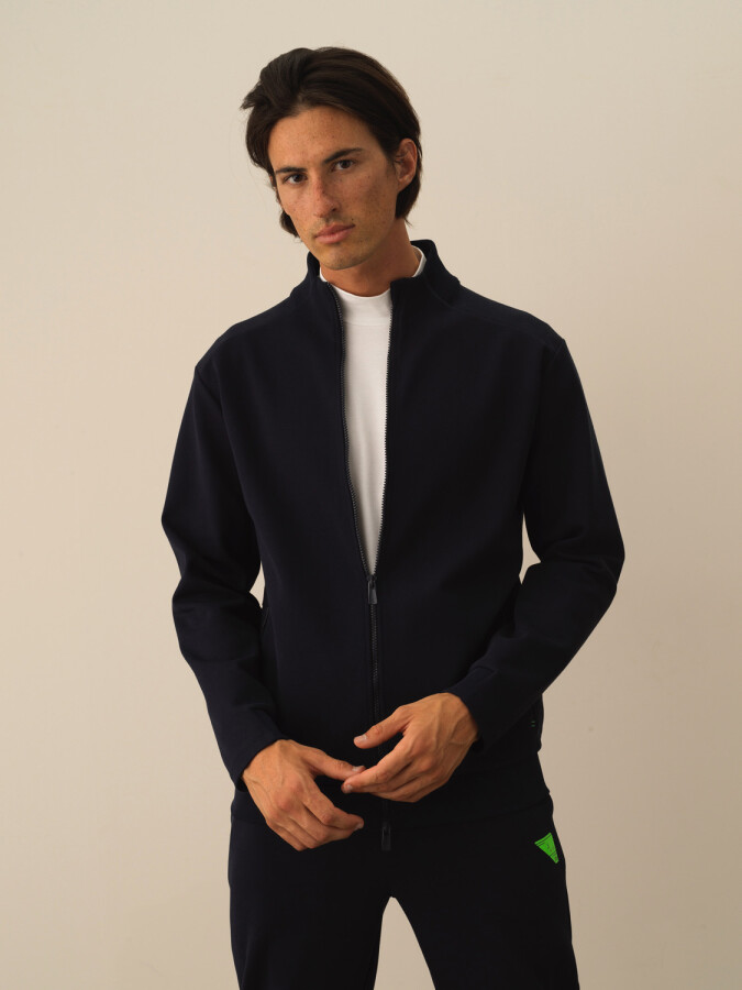 Cotton Zip-Up Regular Fit Sweat Jacket Navy Blue Melange