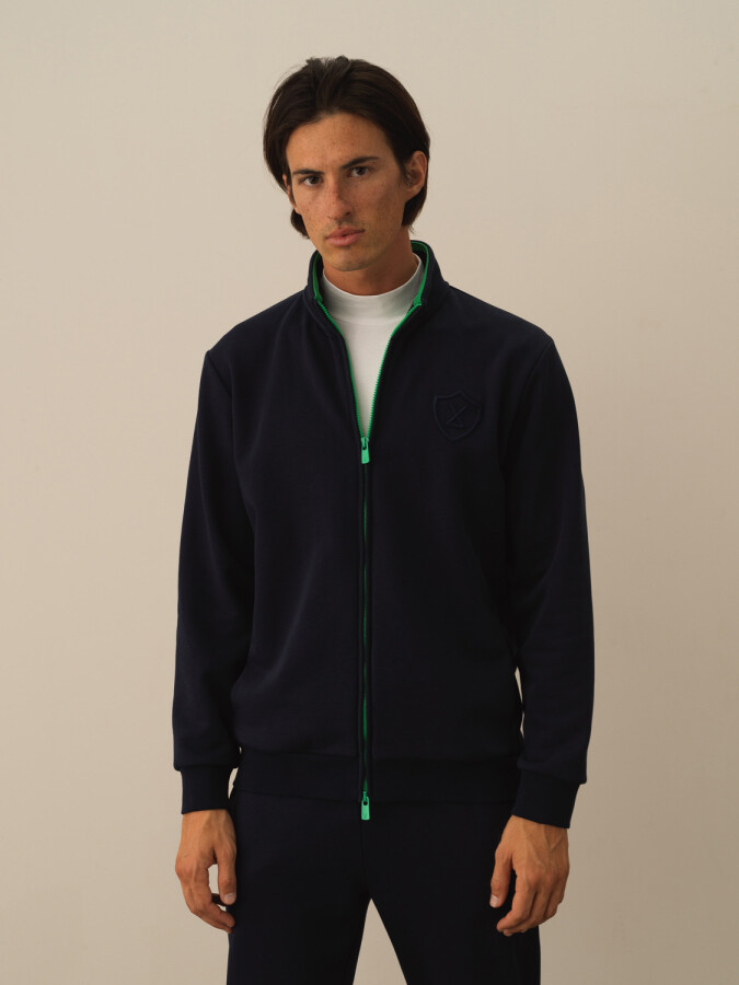 Cotton Zip-Up Regular Fit Sweat Jacket Navy Blue Melange