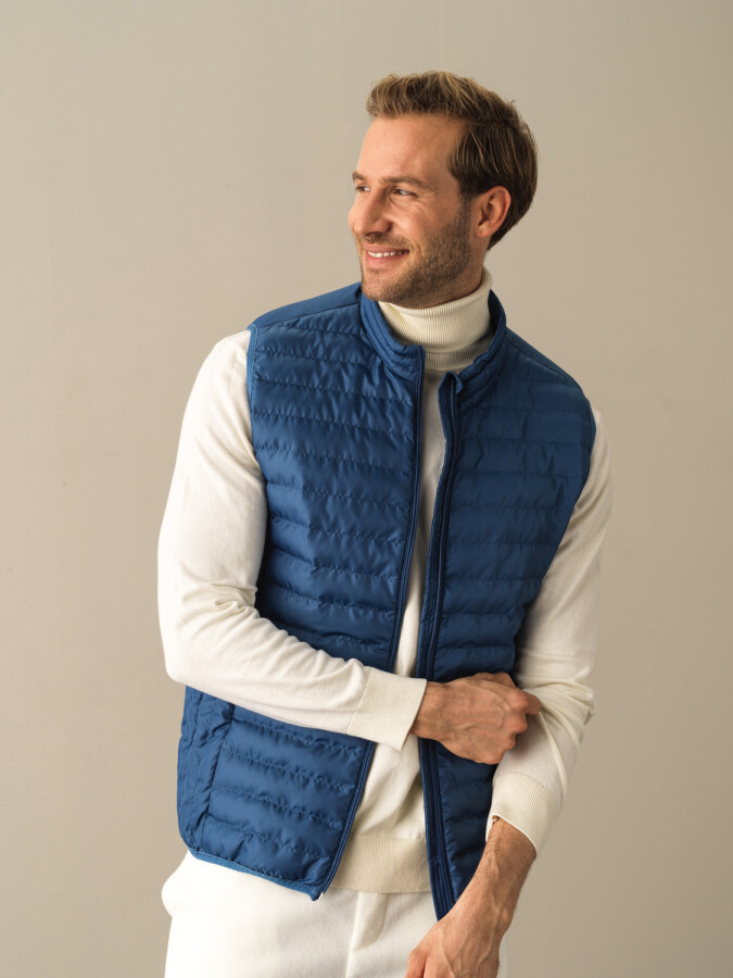 Stand Collar Regular Fit Puffer Vest Blue