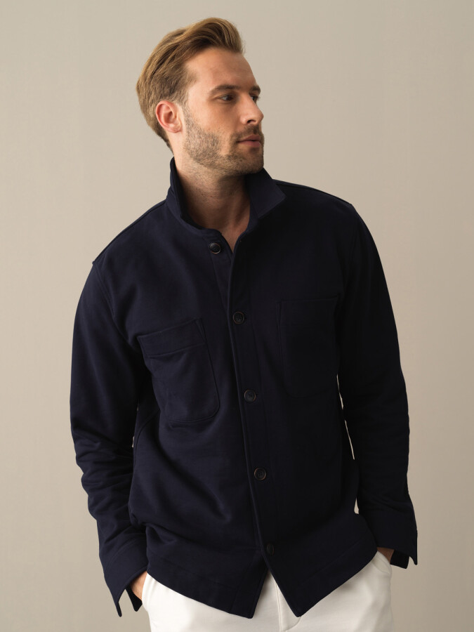 100% Cotton Regular Fit Shirt Jacket Navy Blue Melange