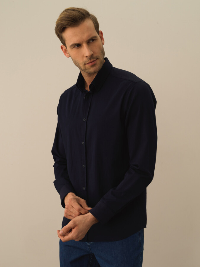 Cotton Regular Fit Basic Shirt Navy Blue Melange