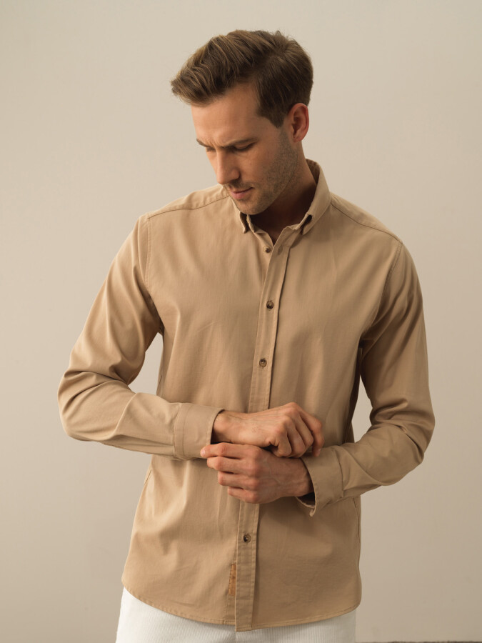 Cotton Regular Fit Basic Shirt Beige