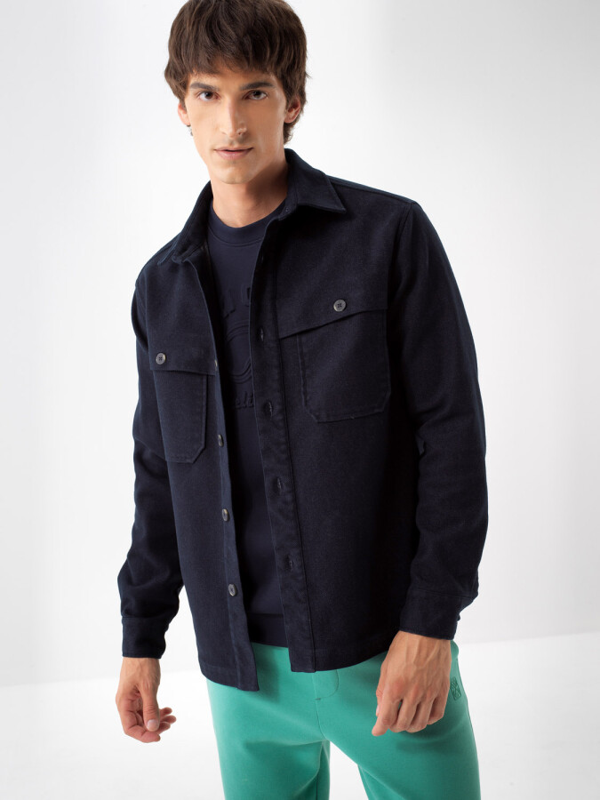 Plain Cotton Shirt Jacket Navy Blue Melange