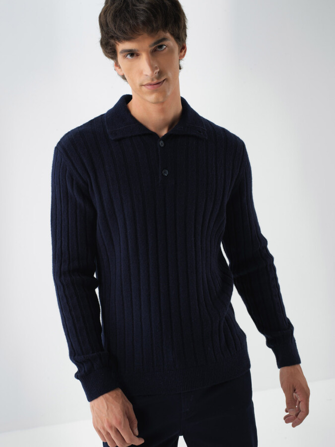 Mohair Polo Neck Sweater Navy Blue Melange