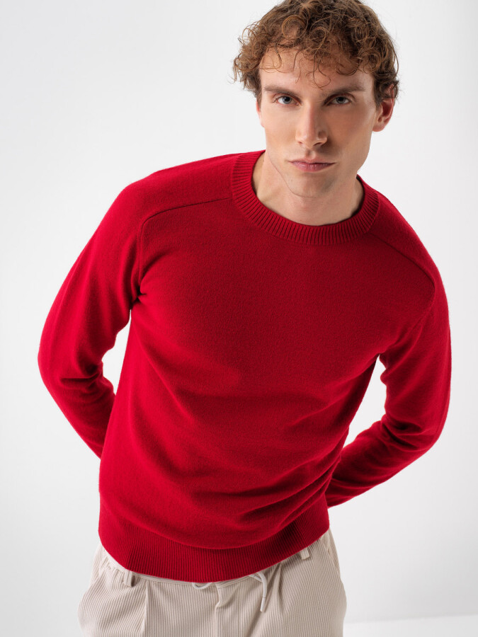 Wool Crew Neck Basic Sweater Red