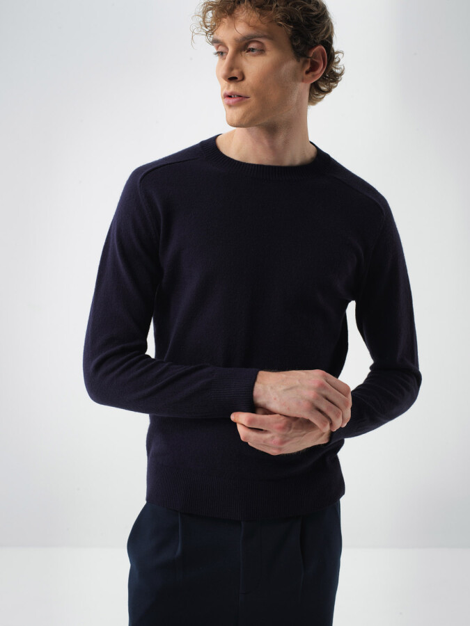 Wool Crew Neck Basic Sweater Navy Blue Melange