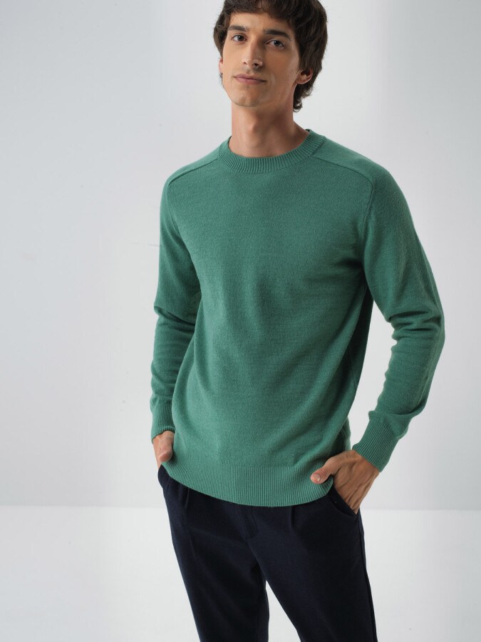 Wool Crew Neck Basic Sweater Green