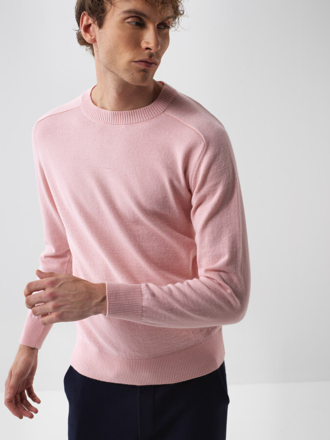 Wool Crew Neck Basic Sweater Pink