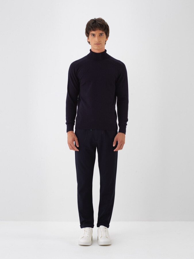 Wool Turtleneck Basic Sweater Navy Blue Melange