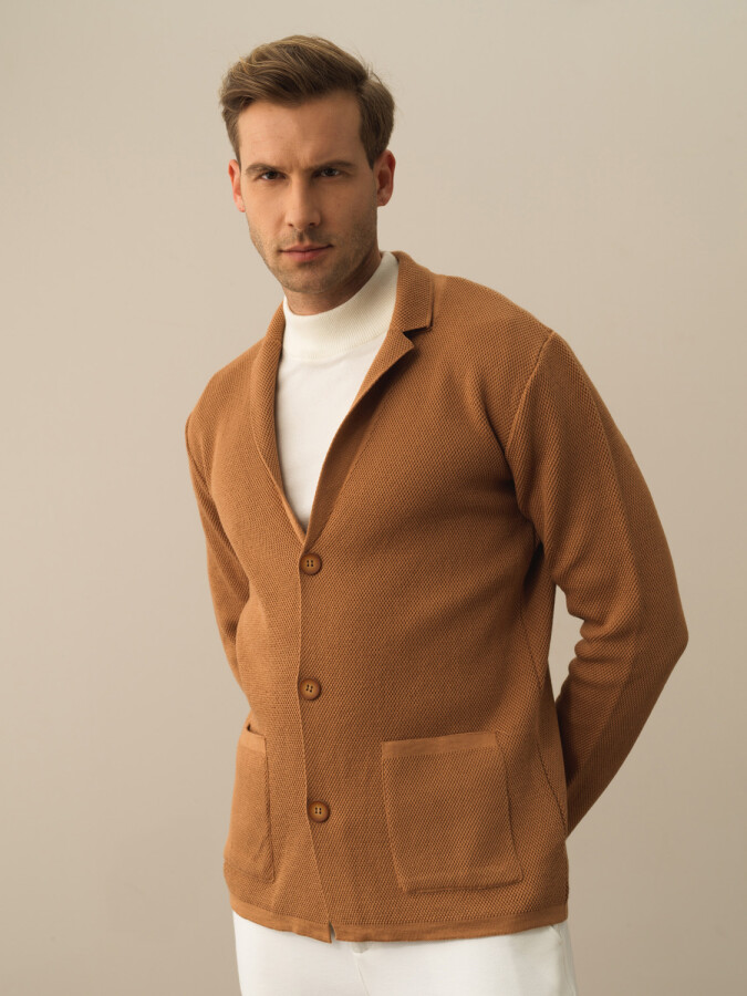 100% Cotton Regular Fit Knit Jacket Camel Melange