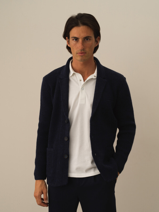 Regular Fit Knit Wool Jacket Navy Blue Melange