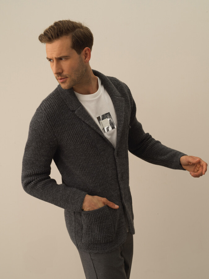 Regular Fit Knit Wool Jacket Gray Melange