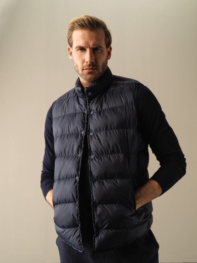 Stand Collar Regular Fit Snap Button Puffer Vest Navy Blue Melange