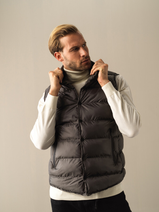 Stand Collar Regular Fit Snap Button Puffer Vest Gray