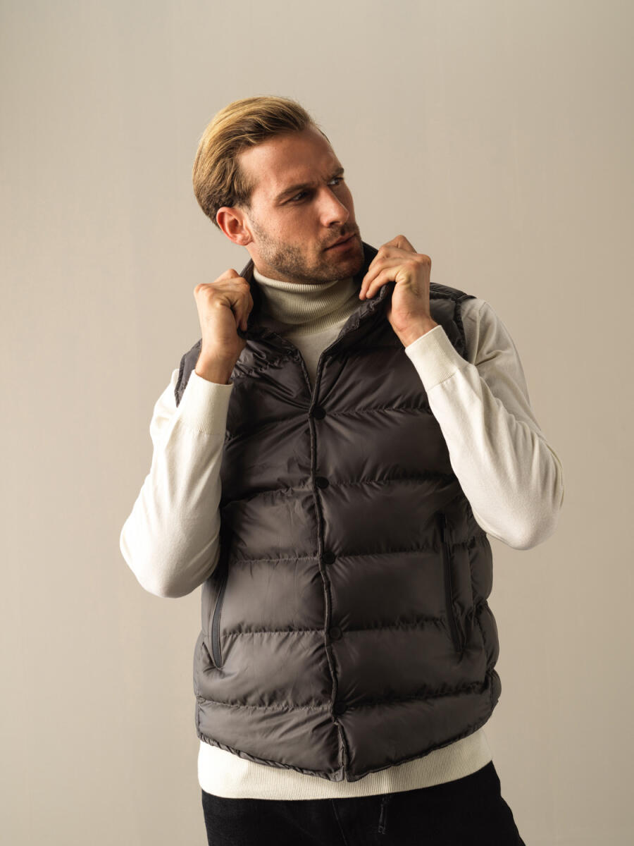 Stand Collar Regular Fit Snap Button Puffer Vest - 9