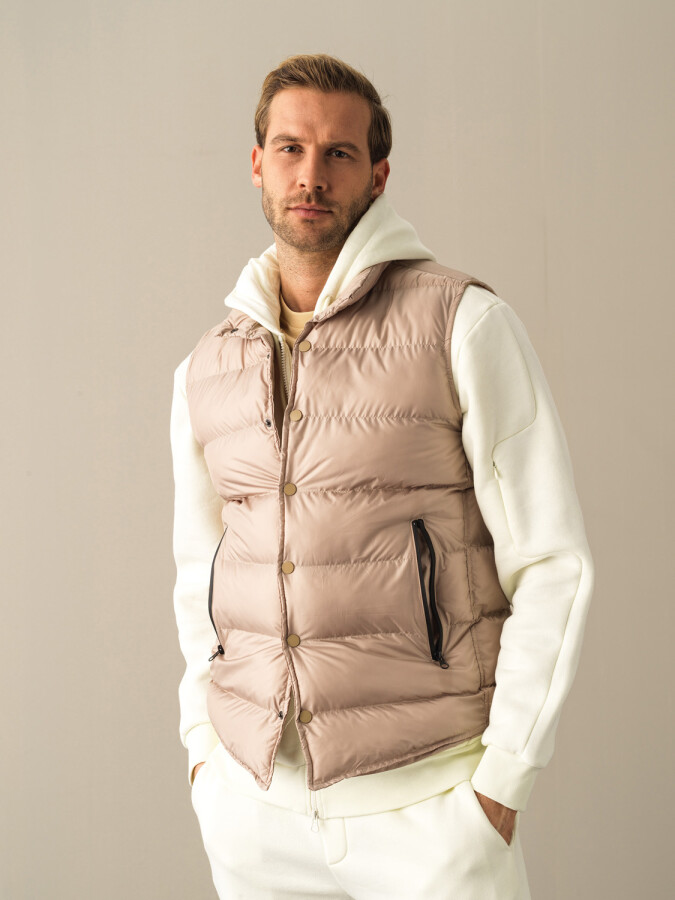 Stand Collar Regular Fit Snap Button Puffer Vest Beige