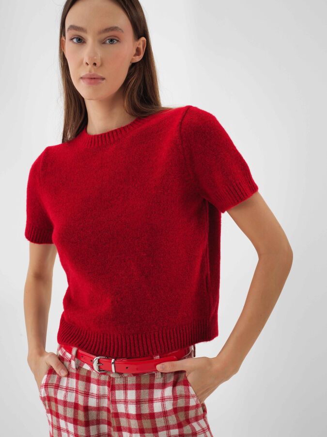 Basic Mohair Short Sleeve Sweater Red