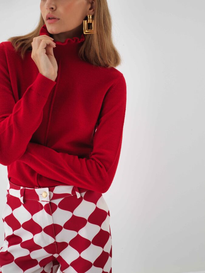 Wool Plain Turtleneck Sweater Red